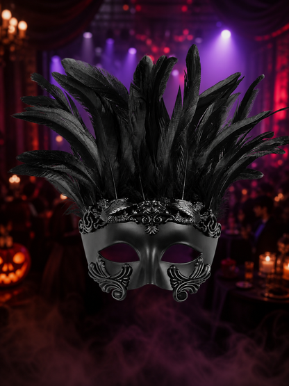 Black Venetian Feather Mask for Masquerade