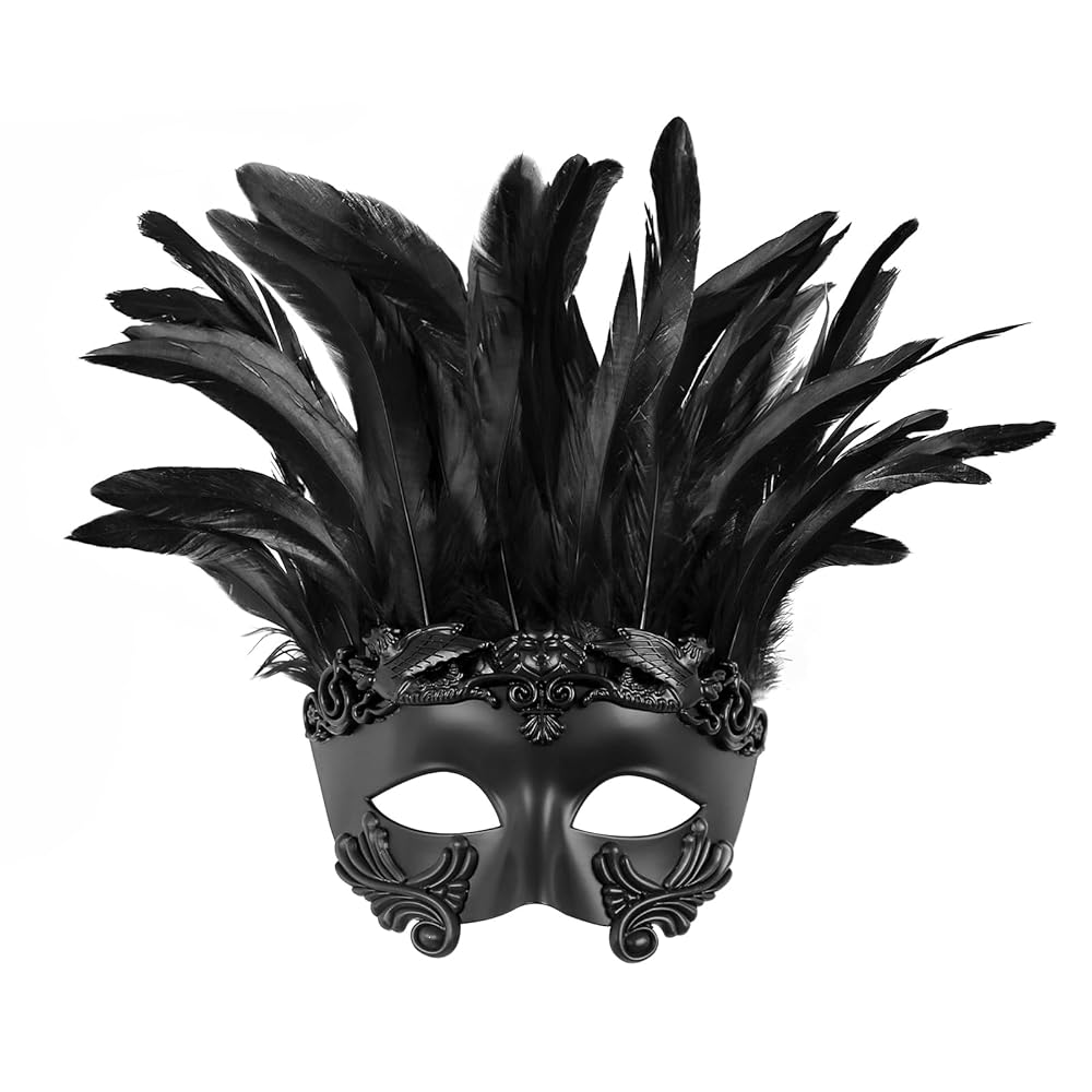 Black Venetian Feather Mask for Masquerade