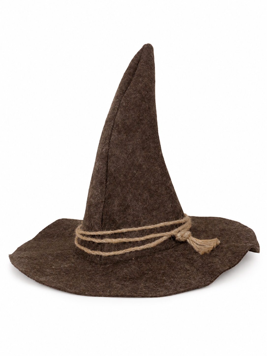 Brown pointed hat shown alone on a white background, featuring a wide brim, textured fabric look, and tan rope trim with tassel
