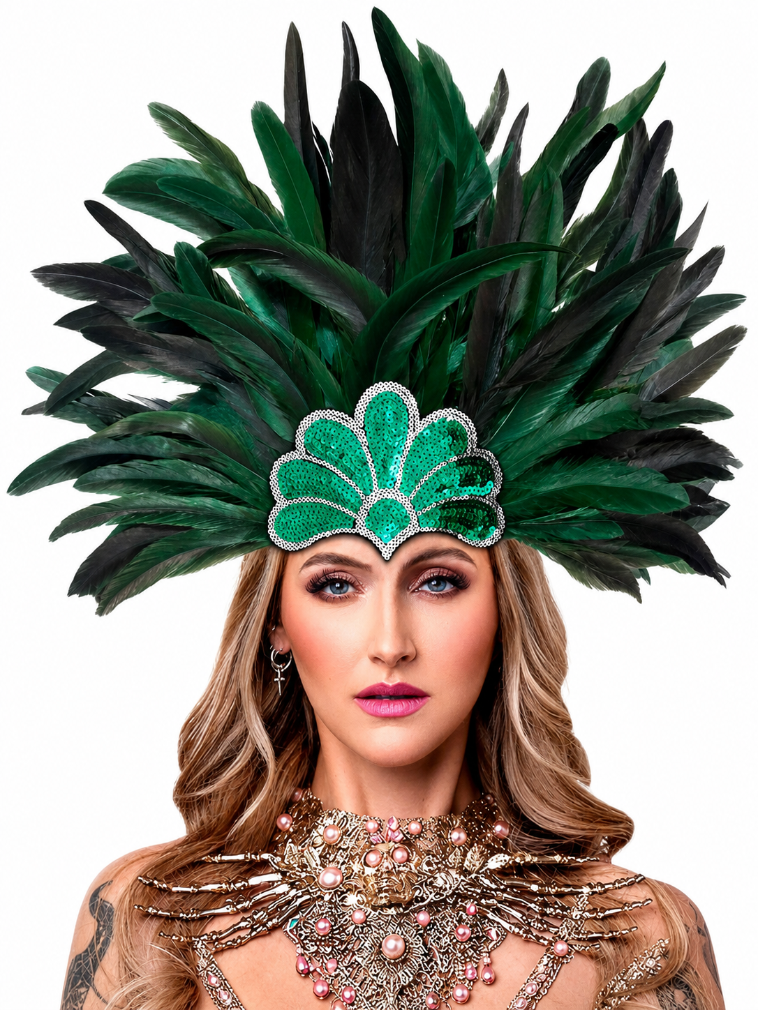Feather carnival headpiece with green and black plumes and a beaded green centerpiece, shown on a model with jeweled neck adornment