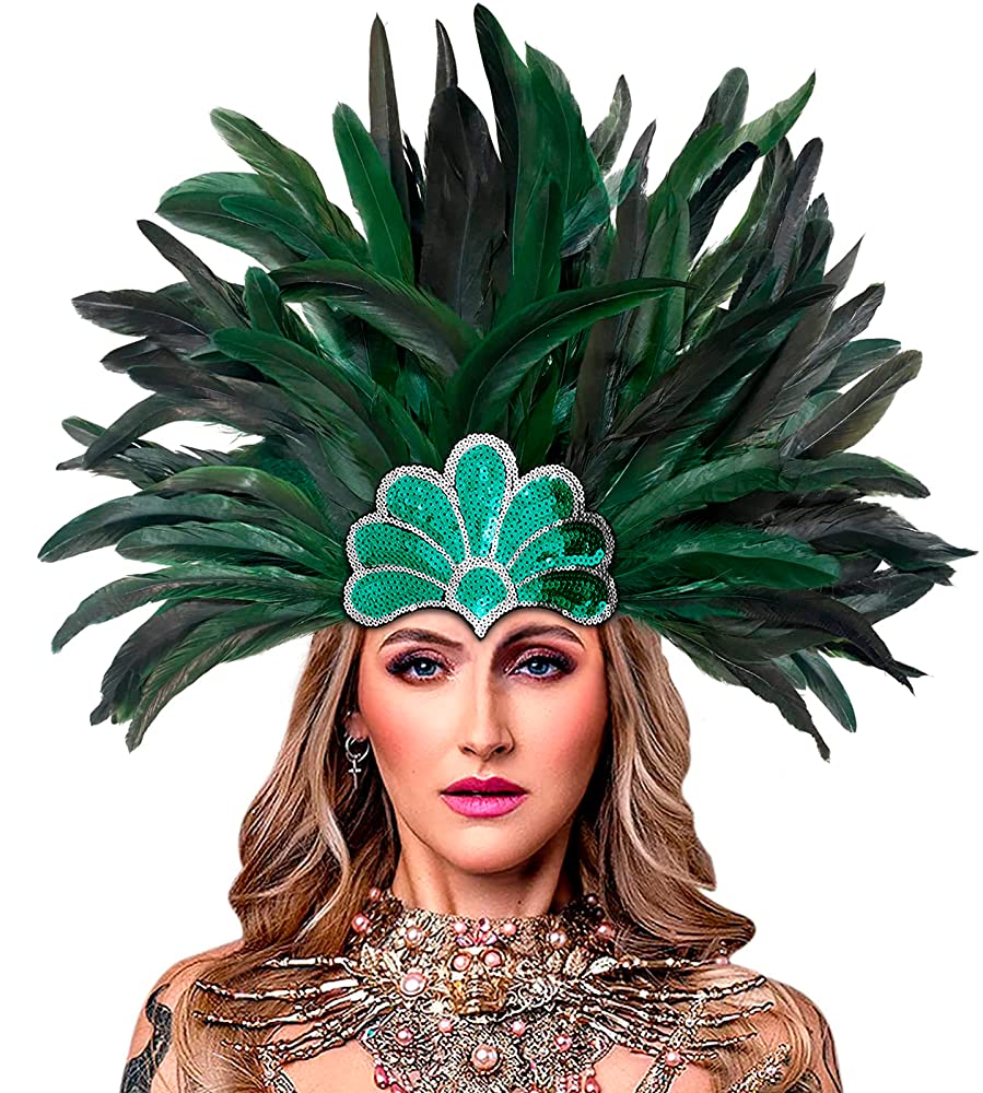 Green and black feather carnival headpiece with a beaded green centerpiece, shown in a close front view on a model