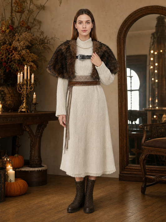Full-body model wearing a dark brown fur-textured shoulder shawl with a black strap and silver buckle over a cream knit dress