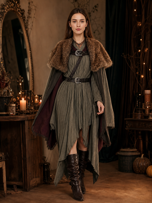 Brown plush-look shoulder cape shown full-length on a model, draped over a gray-green dress with dark straps