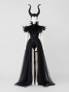 Black Fantasy Character Costume with Horned Headpiece