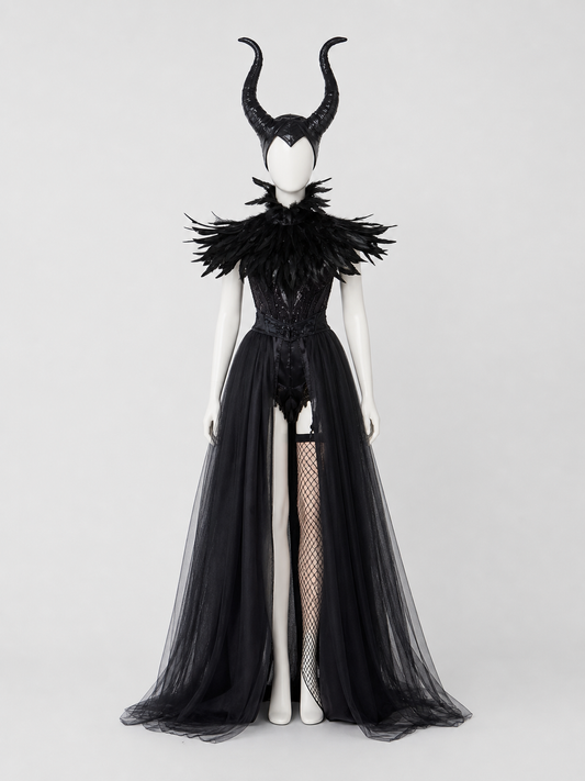 Full-body mannequin wearing a black costume with curved horns, feathered collar, fitted bodice, sheer split overskirt, and fishnet stocking
