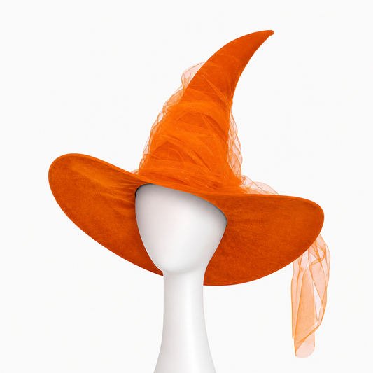 Orange Halloween Witch Hat, Tall Curved Pointed Crown, Wide Floppy Brim, Sheer Mesh Draping, Costume Accessory for Parties