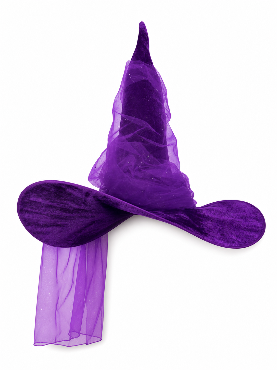 Purple witch hat shown alone on a white background with a tall pointed crown, wide brim, and long sheer mesh drape
