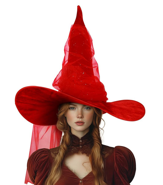 1pc Red Halloween Witch Hat with Very Tall Pointed Crown, Extra-Wide Floppy Brim and Sheer Glitter-Speckled Overlay for Cosplay Parties