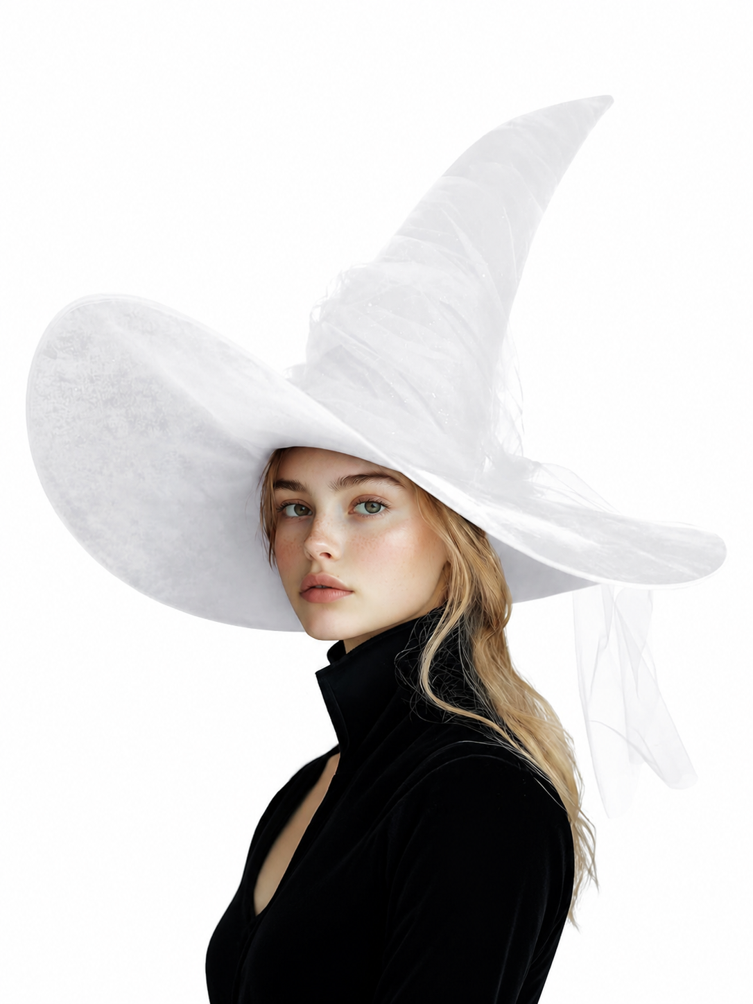 White sheer witch hat worn by a model in a black outfit, shown from the side with a wide brim and hanging veil