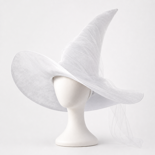 White Halloween Witch Hat With Wide Floppy Brim, Sheer Layered Fabric, Curved Pointed Crown And Trailing Veil For Cosplay Costume Party