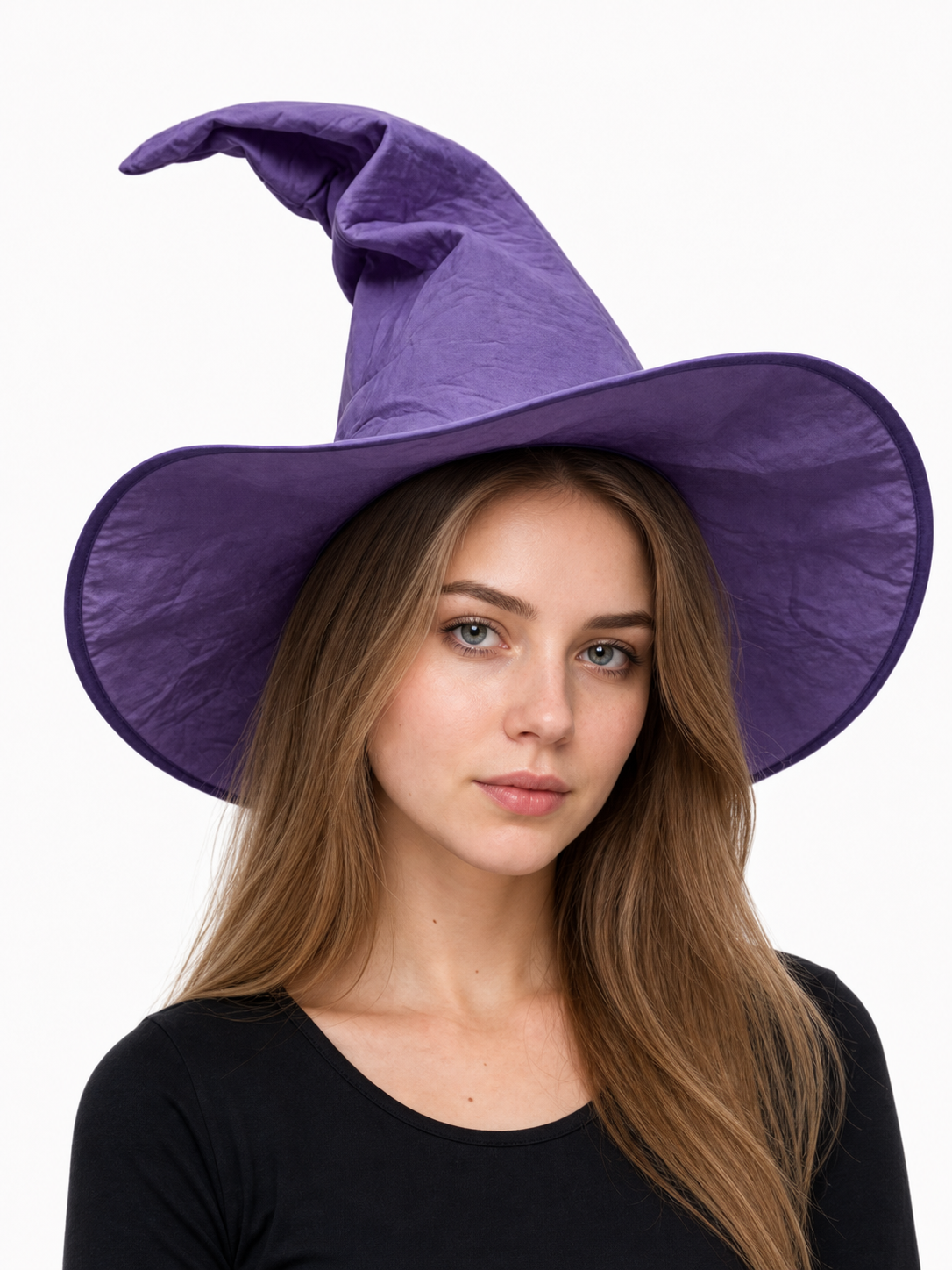 Purple pointed witch hat with a wide brim and bent tip, shown in a close-up portrait on a brown-haired model