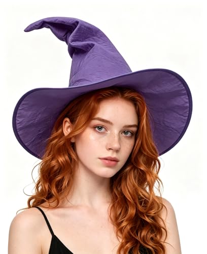 Purple pointed witch hat with a wide brim and bent tip, shown in a close-up portrait on a red-haired model