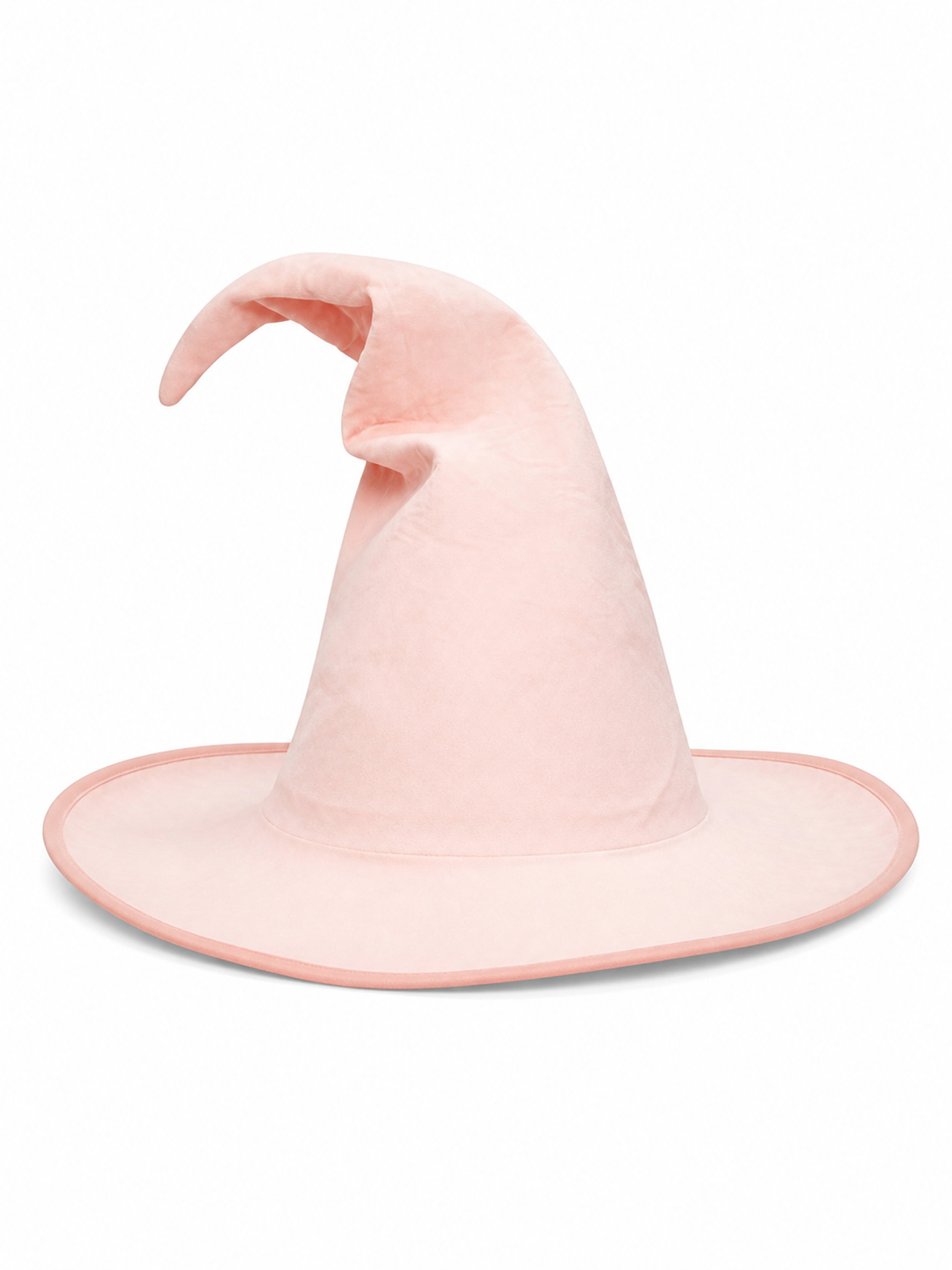 Light pink pointed witch hat shown alone on a white background, with a bent crown, wide brim, and darker pink edging