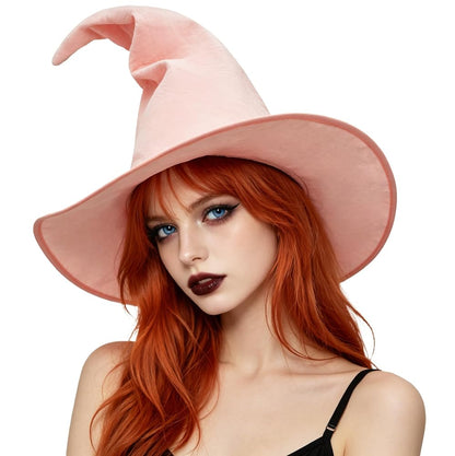 Light pink pointed witch hat with a bent crown and wide brim, shown on a red-haired model in a close-up portrait