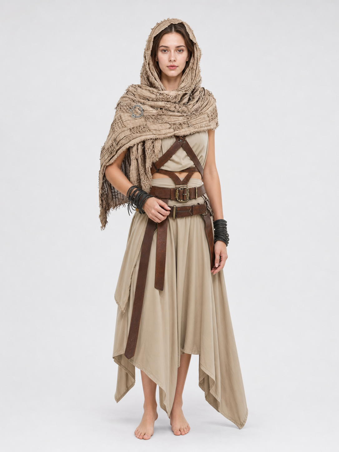 Khaki hooded cape with a draped scarf front and fringed edges, shown full-body with a layered costume outfit