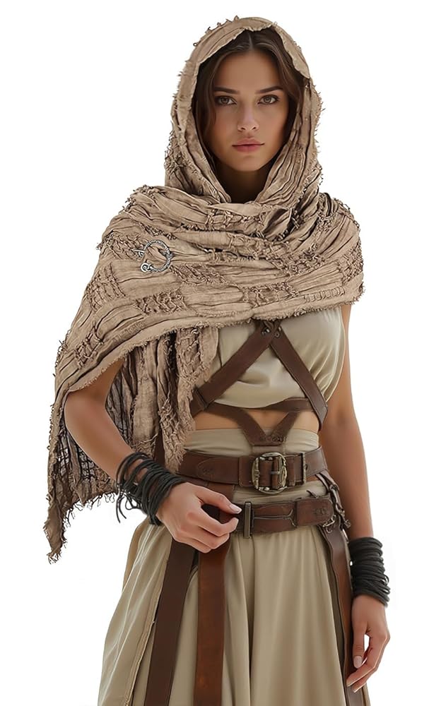 Khaki hooded scarf cape with fringed edges, textured woven fabric, and a decorative ring detail on a full-body model