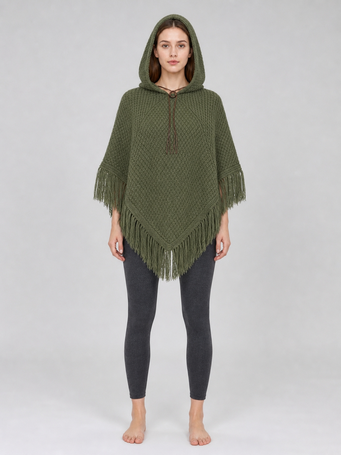 Triangular Hooded Poncho Cape with Belt