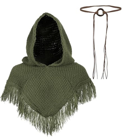 Triangular Hooded Poncho Cape with Belt