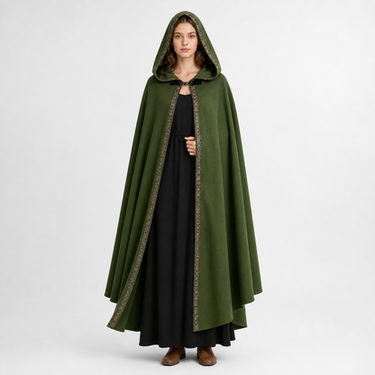 Green hooded cape with patterned trim shown full-length on a model over a black dress with brown ankle boots
