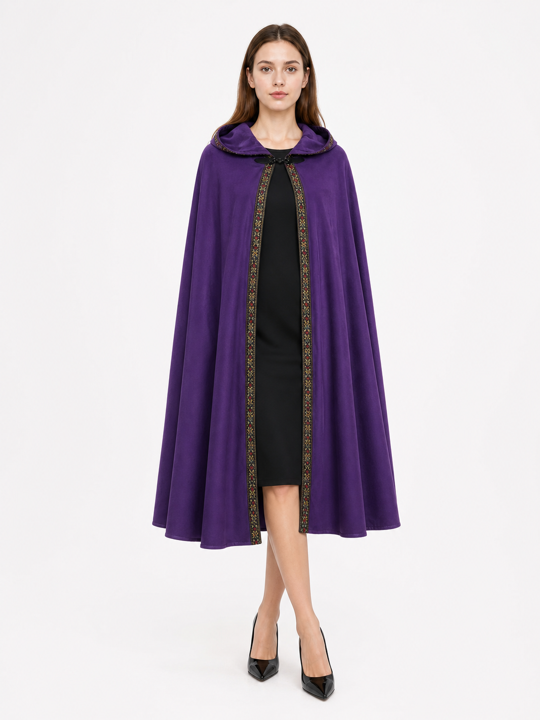 Purple hooded cape with patterned front trim, shown full-length on a model over a black dress