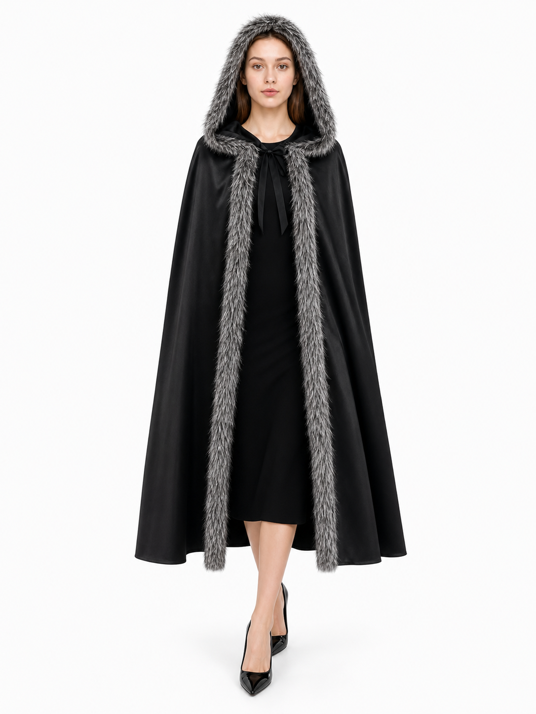 Black hooded cloak with gray faux-fur trim and front tie, shown full-length on a model against white