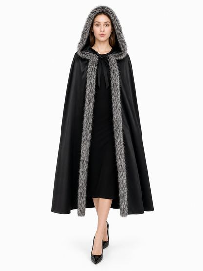 Black hooded cloak with gray faux-fur trim and front tie, shown full-length on a model against white