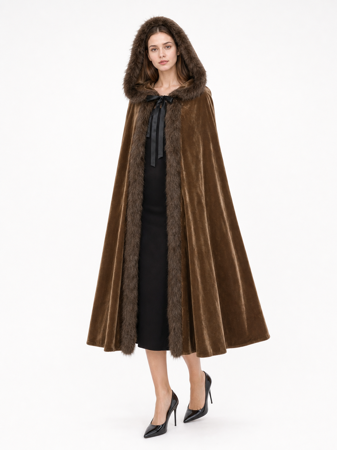 Brown velvet-look hooded cape with fur trim and black ribbon tie, shown front-facing on a model