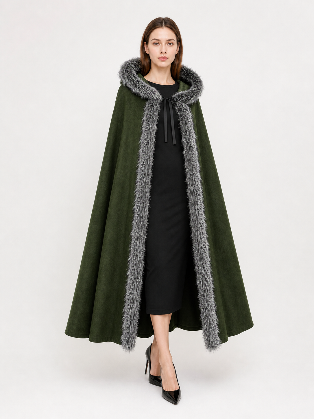 Green hooded cloak with gray fur trim, shown full-length on a model with the hood lowered