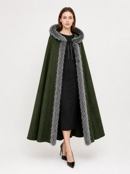 Green hooded cloak with gray fur trim, shown full-length on a model with the hood lowered