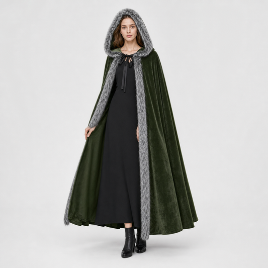 Olive green velvet-look hooded cape with gray faux-fur trim, shown full-length on a model over a black dress