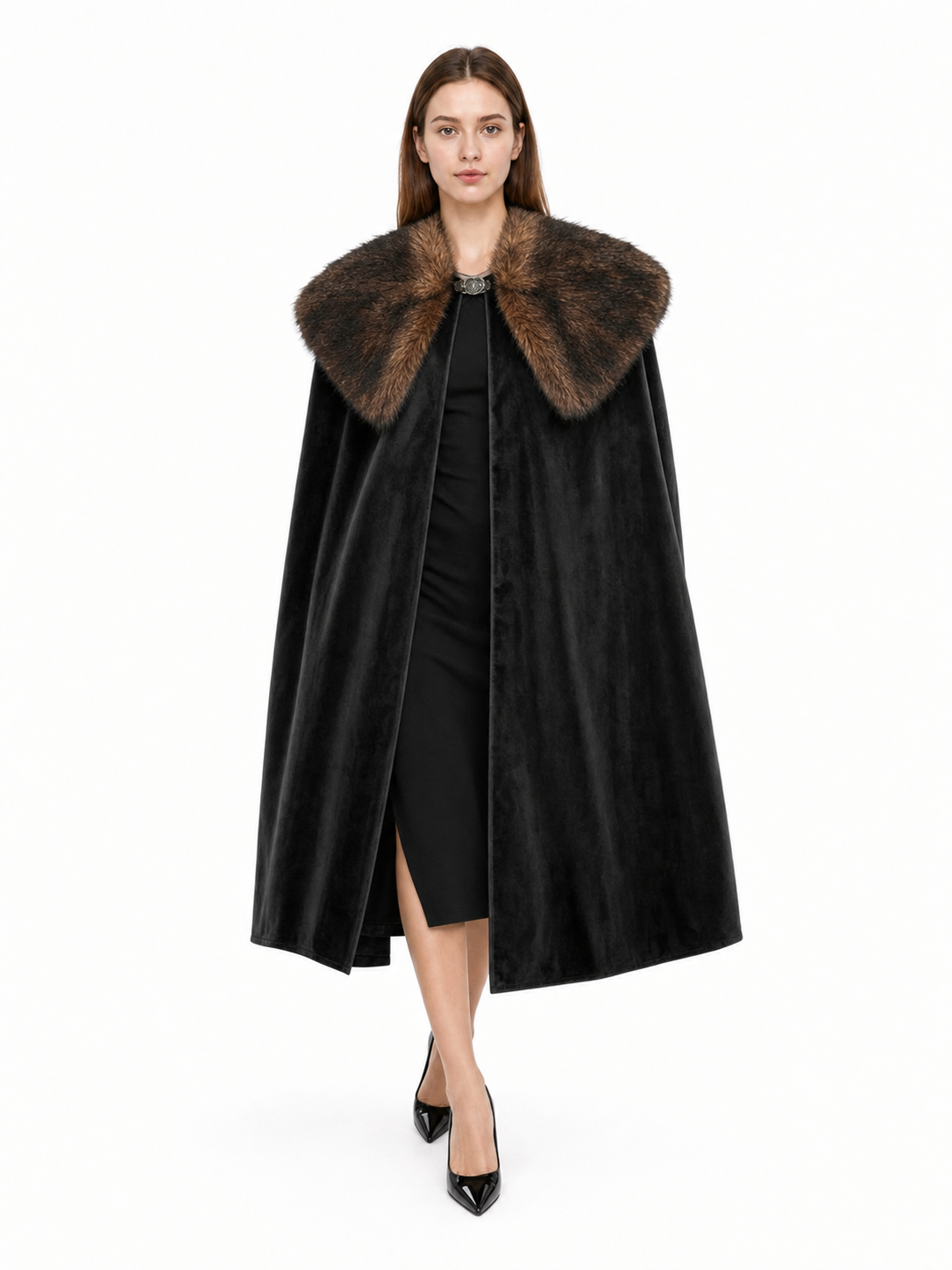 Black velvet-look cape with a broad brown fur collar, modeled full-length over a black dress against a white background