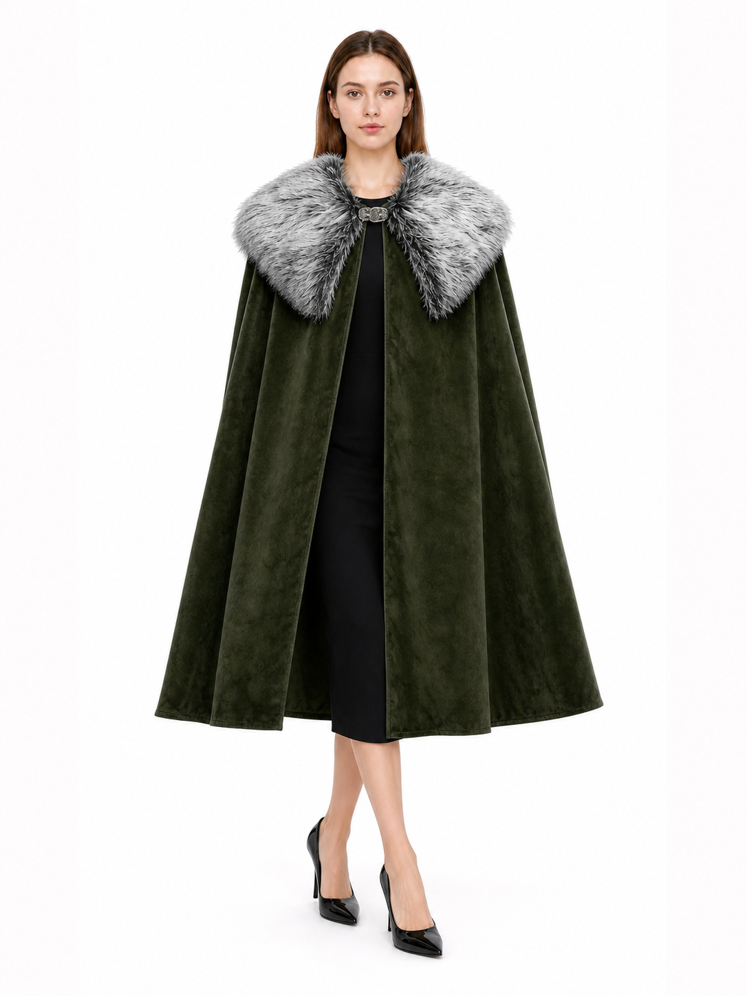 Olive green cape with a gray faux fur collar and front clasp, shown full-length on a model against a white background