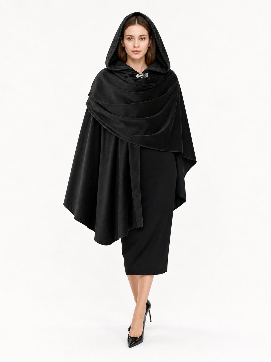 Black hooded cloak with layered shawl front and clasp, shown full-body on a model against a white background