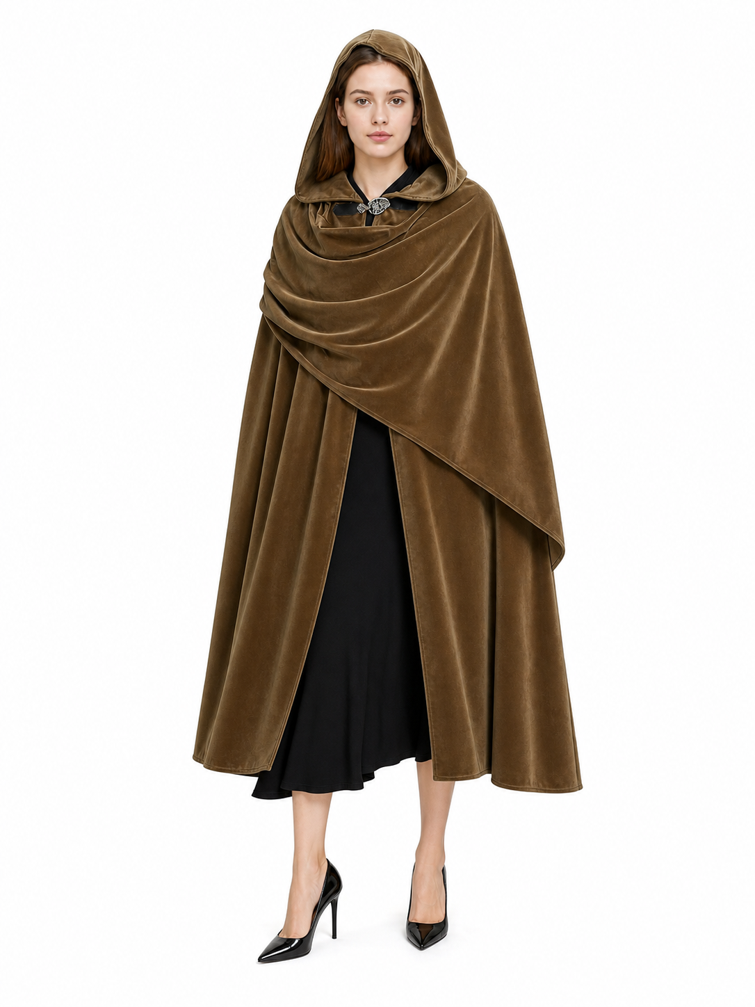 Brown velvet-look hooded cloak shown full-length on a model against a white background, with layered front draping and clasp