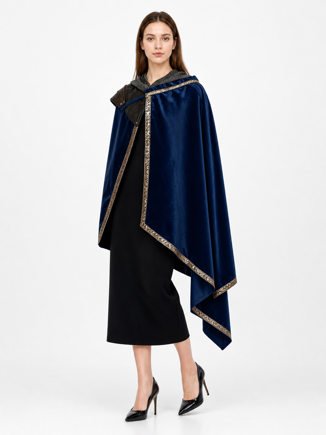 Blue hooded cape with gold trim, shown full length on a woman wearing a black dress and heels