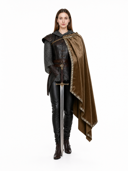 Brown hooded cape with contrasting patterned trim, shown on a woman wearing a black costume and holding a sword