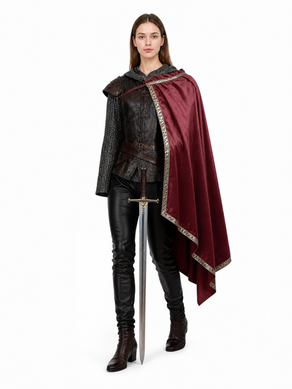 Burgundy cape with gold trim shown full-length on a female model wearing black armor, with a sword held vertically in front
