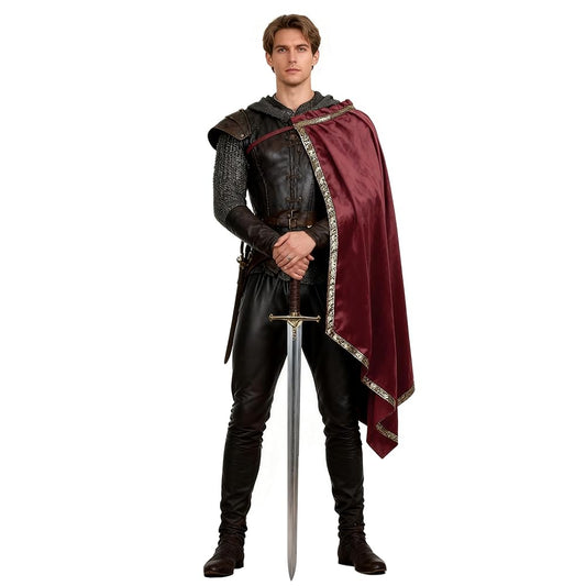 Burgundy cape with gold trim shown full-length on a male model wearing black armor, with a sword held vertically in front
