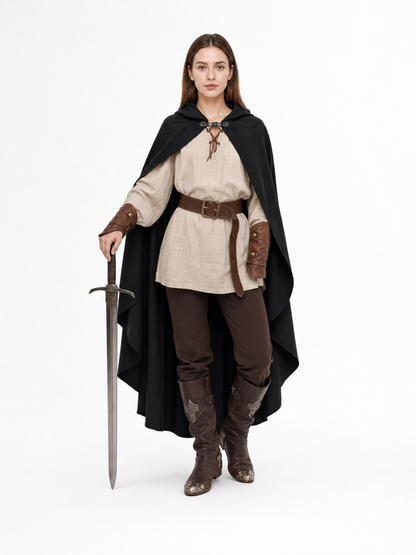 Black hooded cloak shown full-body on an adult model over a medieval-style outfit with a sword