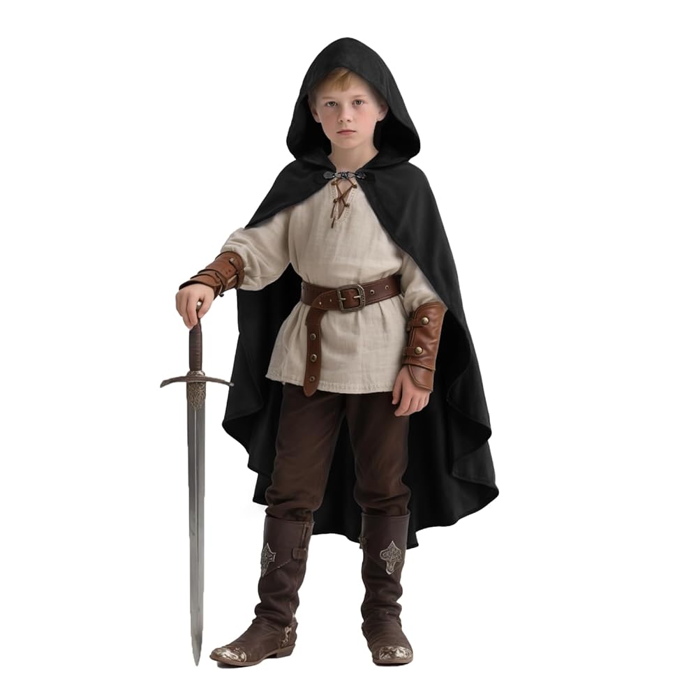 Black hooded cloak shown full-body on a child wearing a medieval-style outfit and holding a sword