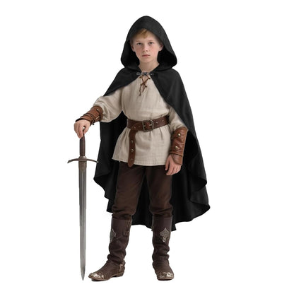 Black hooded cloak shown full-body on a child wearing a medieval-style outfit and holding a sword