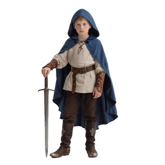 Blue hooded cloak with a brown lace tie and layered hem, shown full-body on a child wearing a medieval-style outfit and holding a sword