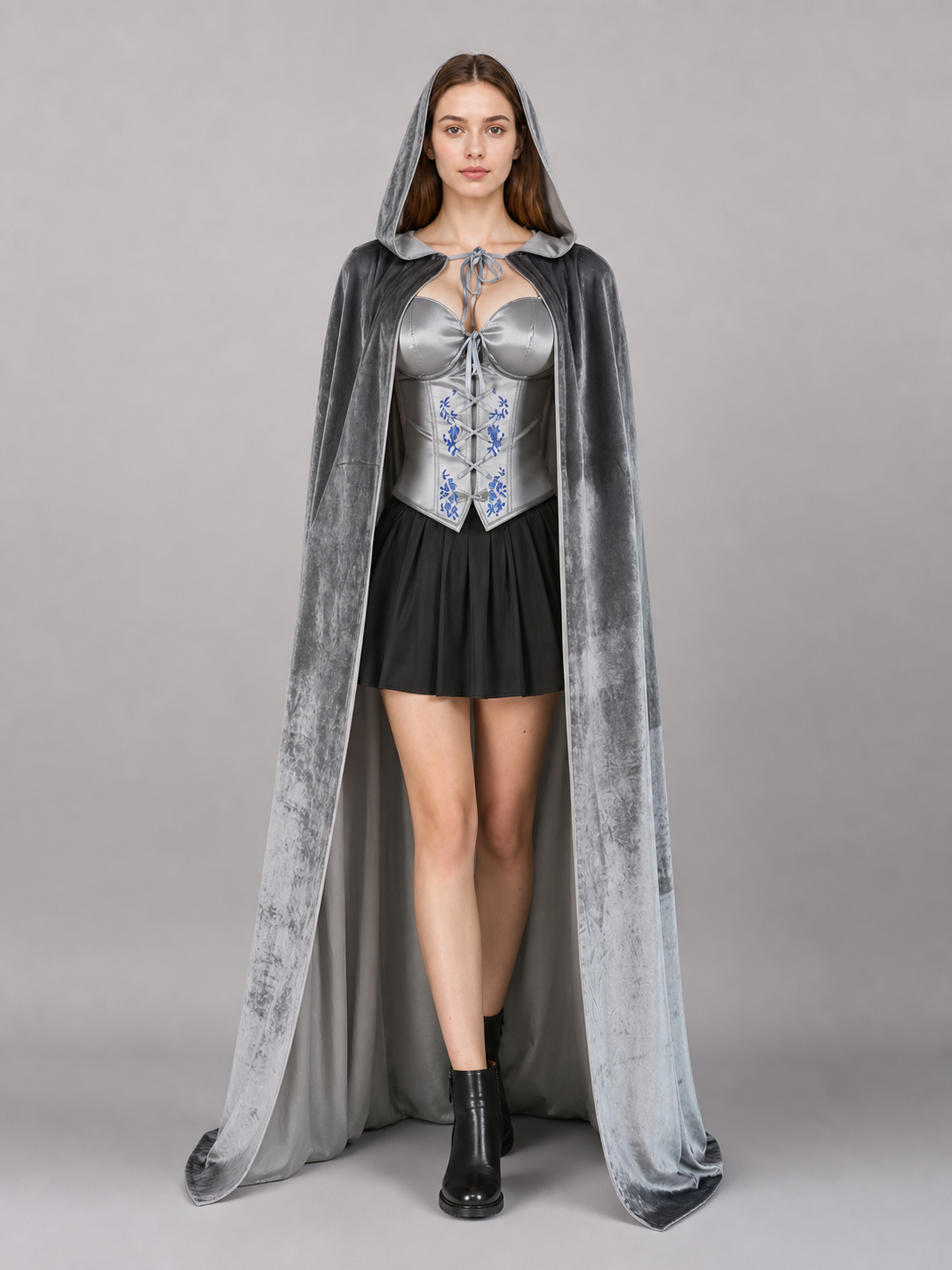 Long gray hooded cape with a velvet-like finish, shown full-body on a model against a gray background