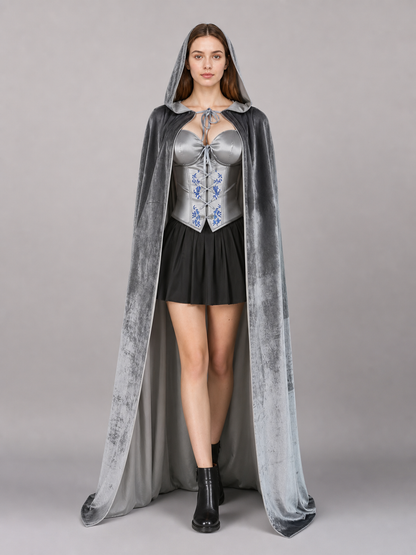 Long gray hooded cape with a velvet-like finish, shown full-body on a model against a gray background