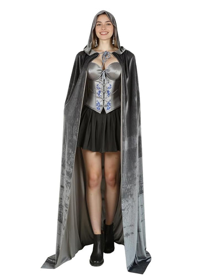 Gray hooded cape with a soft velvet-like sheen, shown full-body on a model over a silver corset and black skirt