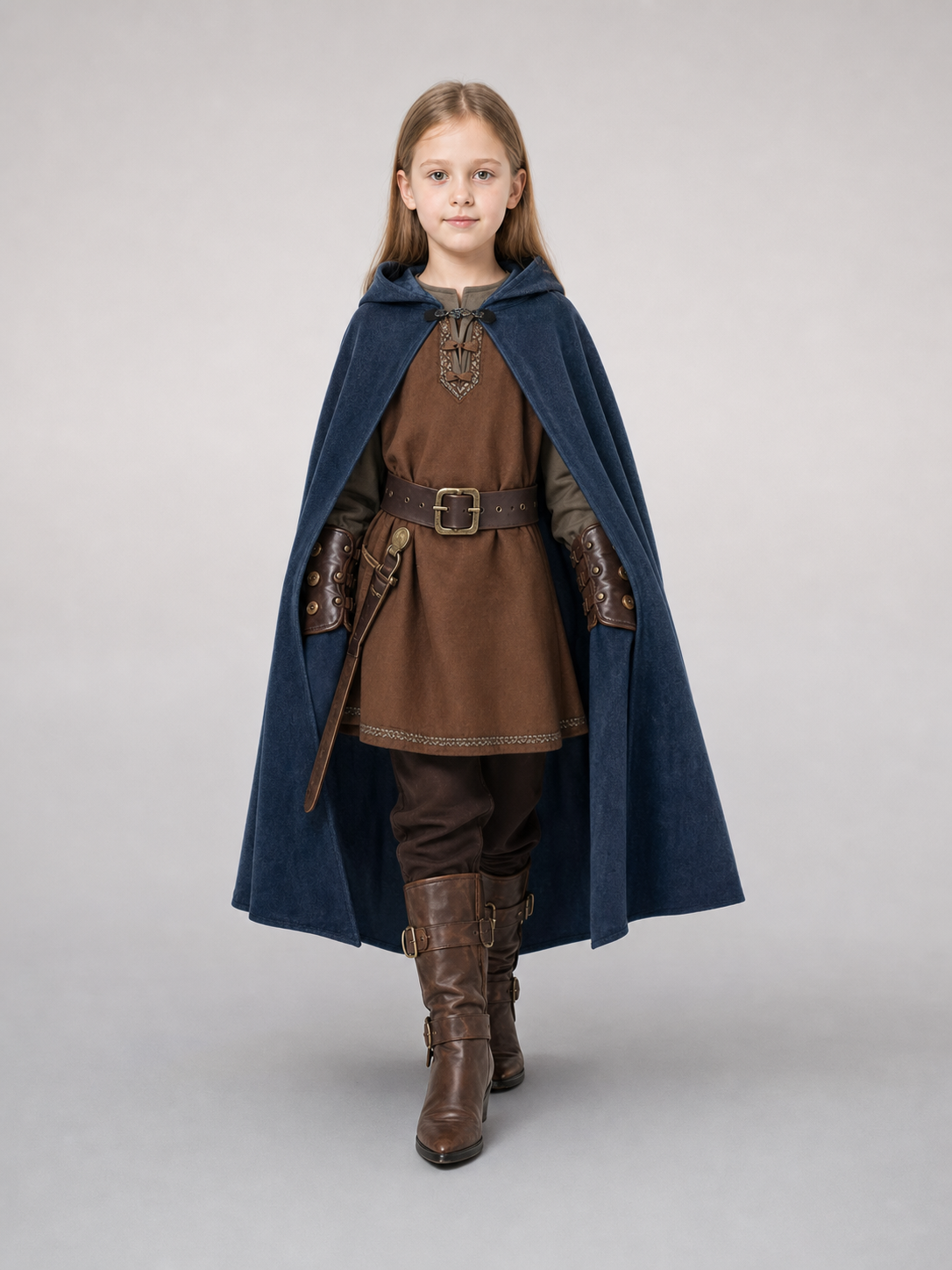 Blue velvet-look hooded cloak shown full-body on a child walking, with a gathered hood and open front