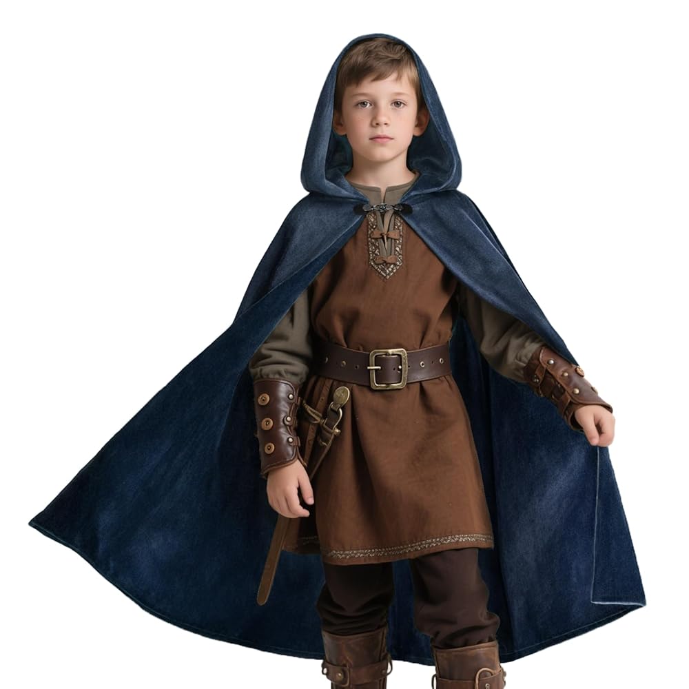 Blue hooded cloak with a soft velvet look, shown full-body on a child over a brown costume tunic