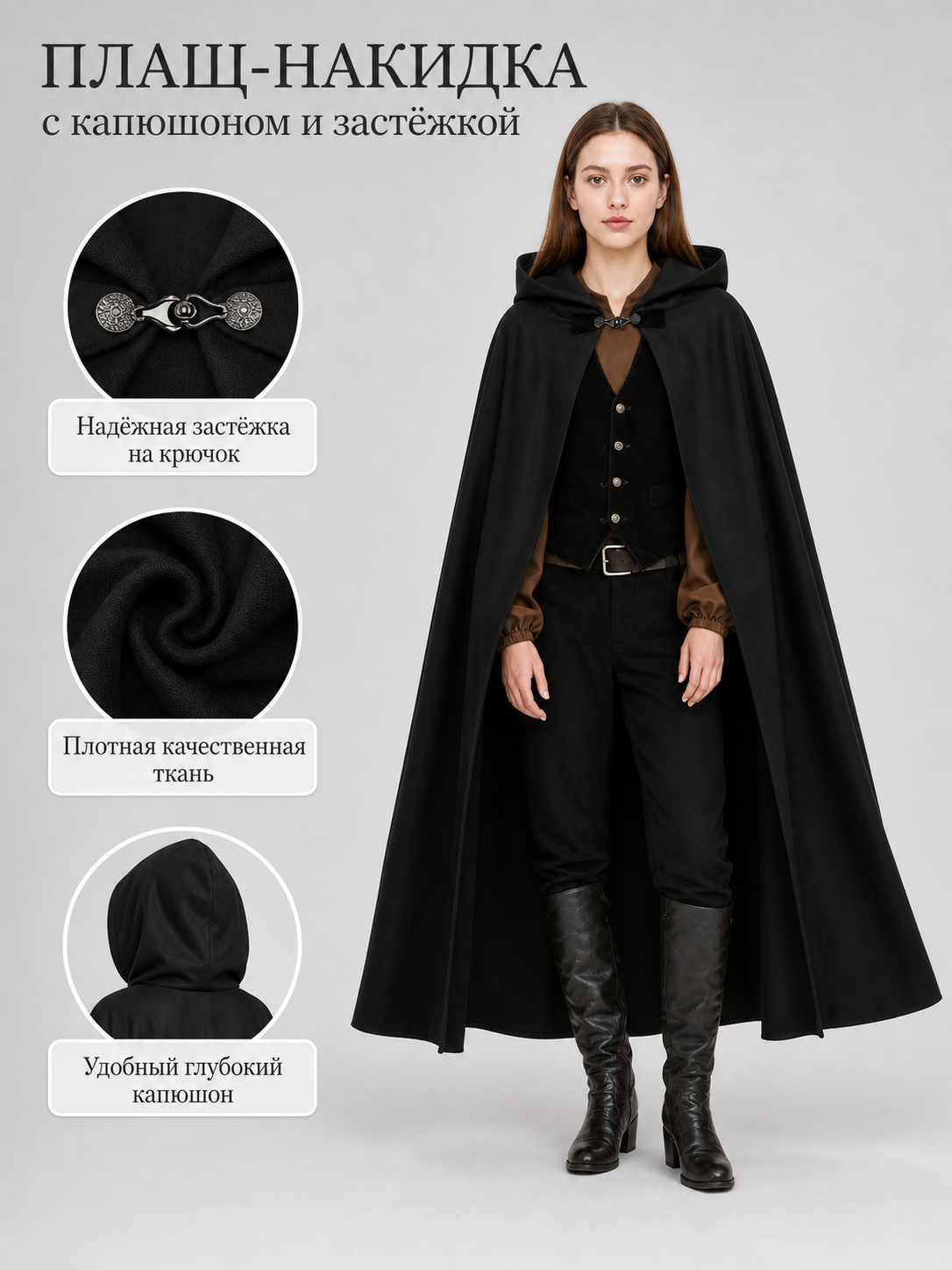 Information card showing the black cape's neck clasp, fabric texture, and deep hood alongside a full-length model