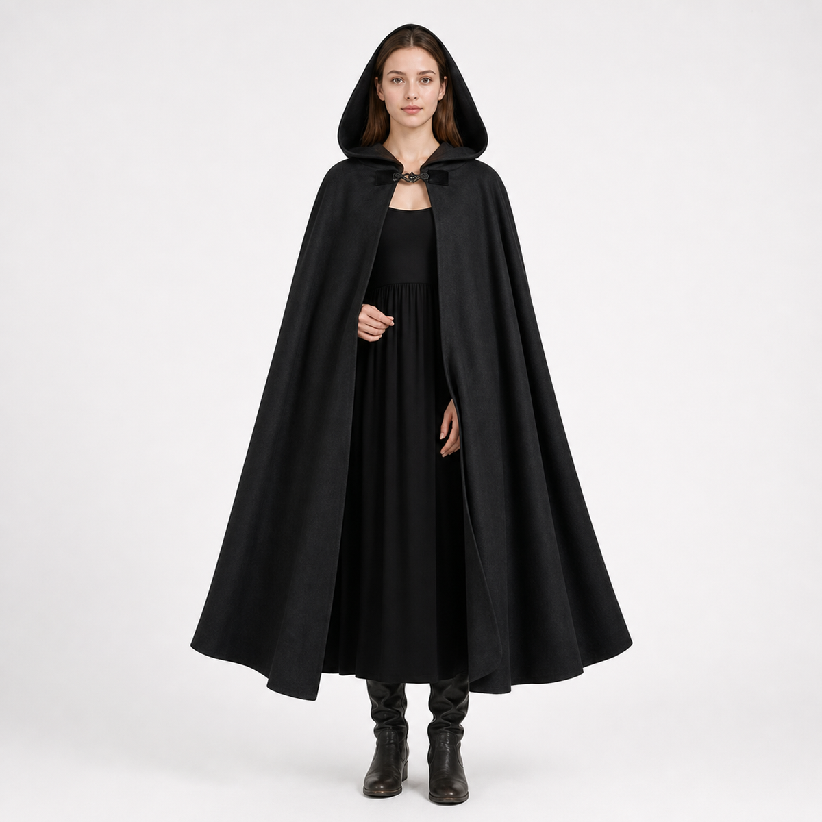 Black hooded cape shown full-length on a woman, with a flowing silhouette and decorative clasp at the neck