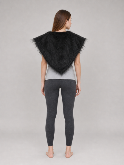 Black fur-like shoulder cape shown from the back on a standing model, forming a pointed triangular shape